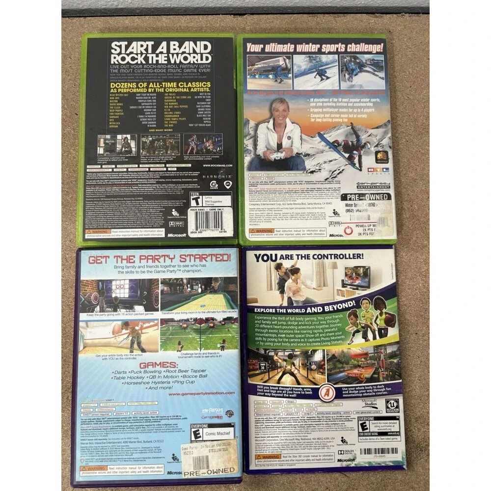 Xbox 360 Game Lot of 4 w/ Cases: Rock Band | Winter Sports | Kinect Party Games
